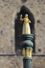 Golden Butter Maiden, sculpture, female figure, landmark, detail, market square, Zerbst, Fläming,