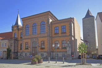 Town hall with Roland built in 1876 and witches' tower, market square, Calbe, Saxony-Anhalt,