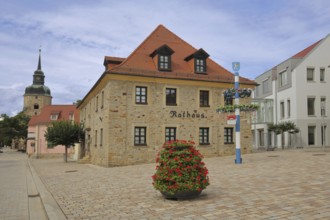 Market square with town hall and church tower of the town church, flower decoration, maypole,