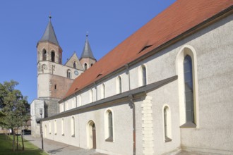 Gothic St Mary's Church with twin towers, Aken, Saxony-Anhalt, Germany