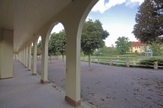Colonnade in the spa park pond, Goethe Park, castle and pavilion, Bad Lauchstädt, Saxony-Anhalt,