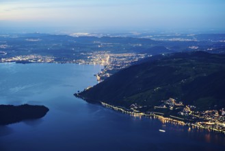 View from Rigi Kulm to the sea of lights with Lake Zug and the Kiemen, Walchwil, Canton Zug,