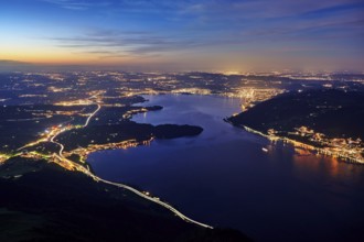 View from Rigi Kulm to the sea of lights with the motorway, Lake Zug, Immensee, Canton Schwyz,