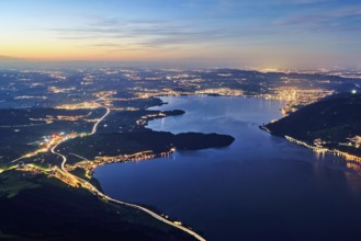 View from Rigi Kulm to the sea of lights with the motorway, Lake Zug, Immensee, Canton Schwyz,