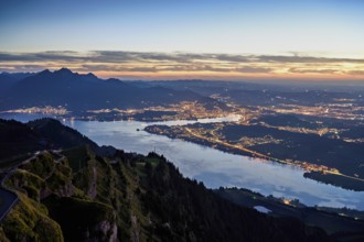 View from Rigi Kulm to the sea of lights, Lake Lucerne, Pilatus and the city, Lucerne, Canton