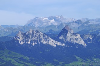View from Rigi Kulm to the small and large Mythen in the light of dusk, Canton Schwyz, Switzerland