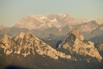 View from Rigi Kulm to the small and large Mythen in the evening light, Canton Schwyz, Switzerland