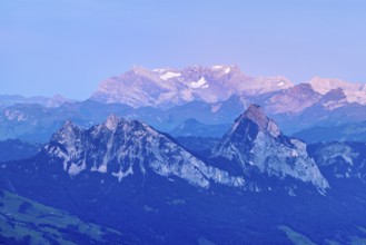 View from Rigi Kulm to the small and large Mythen in the light of dusk, Canton Schwyz, Switzerland