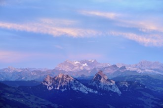View from Rigi Kulm to the small and large Mythen in the light of dusk, Canton Schwyz, Switzerland