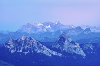 View from Rigi Kulm to the small and large Mythen in the light of dusk, Canton Schwyz, Switzerland