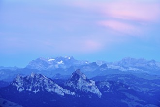 View from Rigi Kulm to the small and large Mythen in the light of dusk, Canton Schwyz, Switzerland