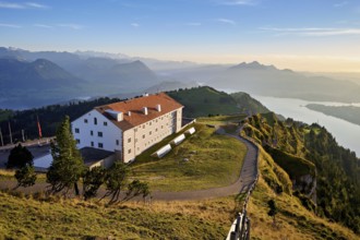 View from Rigi Kulm to the Kulm Hotel, with Lake Lucerne and Mount Pilatus in the background,