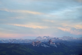 View from Rigi Kulm to the small and large Mythen in the light of dusk, Canton Schwyz Switzerland