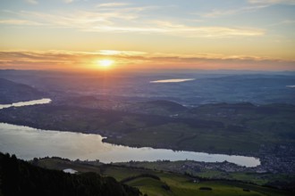 Sunset from Rigi Kulm with a view of Lake Lucerne and the Swiss Plateau, Canton Schwyz, Switzerland