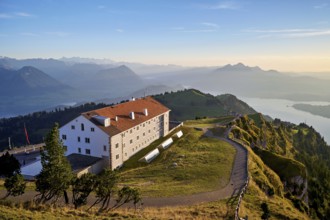 View from Rigi Kulm to the Kulm Hotel, with Lake Lucerne and Mount Pilatus in the background,