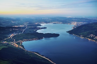 View from Rigi Kulm to the sea of lights with Lake Zug and the Kiemen, Walchwil, Canton Zug,
