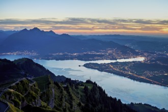View from Rigi Kulm to the sea of lights, Lake Lucerne, Pilatus and the city, Lucerne, Canton