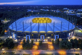 Aerial view of the Hamburg Volksparkstadion (HSV) at blue hour, Hamburg, Germany