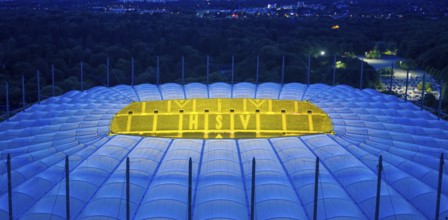Aerial view of the Hamburg Volksparkstadion (HSV) at blue hour, Hamburg, Germany