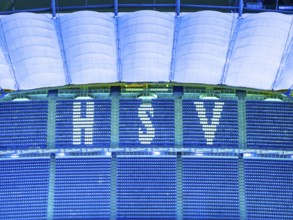 Aerial view of the Hamburg Volksparkstadion (HSV) at blue hour, Hamburg, Germany
