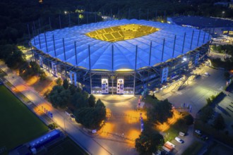 Aerial view of the Hamburg Volksparkstadion (HSV) at blue hour, Hamburg, Germany
