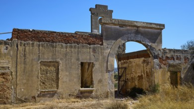 Faded walls with a central archway surrounded by wild vegetation, Old Silk Factory, German