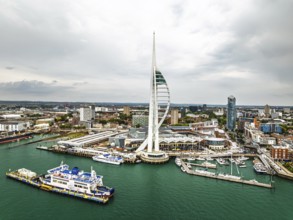 Portsmouth Harbour over Spinnaker Tower from a drone, Portsmouth, Gosport, England, United Kingdom