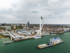 Portsmouth Harbour over Spinnaker Tower from a drone, Portsmouth, Gosport, England, United Kingdom