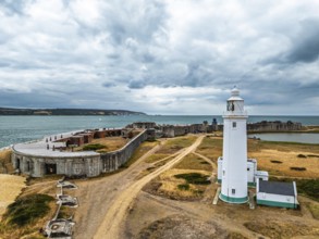 Hurst Point Lighthouse and Hurst Castle from drone over Hurst Spit, Milford on Sea, Lymington,