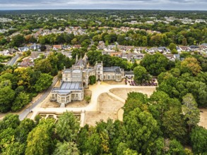 Highcliffe Castle from drone, Highcliffe, Dorset, England, United Kingdom