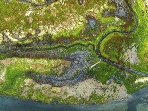 Top Down over River Hamble Mud at low tide from drone, Swanwick, Southampton, Hampshire, England,