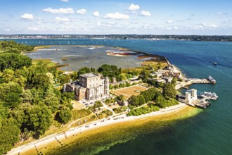 Brownsea Castle on Brownsea Island from a drone, Poole, Dorset, England, United Kingdom