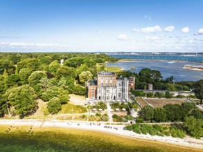 Brownsea Castle on Brownsea Island from a drone, Poole, Dorset, England, United Kingdom