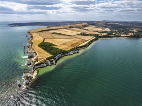 White Cliffs of Old Harry Rocks Jurassic Coast from a drone, Handfast Point, Dorset Coast, Poole,