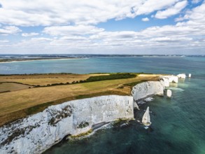 White Cliffs of Old Harry Rocks Jurassic Coast from a drone, Handfast Point, Dorset Coast, Poole,