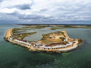 Hurst Point Lighthouse and Hurst Castle from drone over Hurst Spit, Milford on Sea, Lymington,
