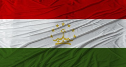 Close up of Tajikistan flag waving. Flag of Tajikistan with cloth texture