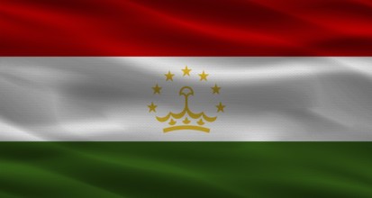 Tajikistan flag with fabric texture. Realistic flag of Tajikistan waving