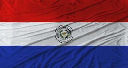 Close up of Paraguay flag waving. Flag of Paraguay with cloth texture