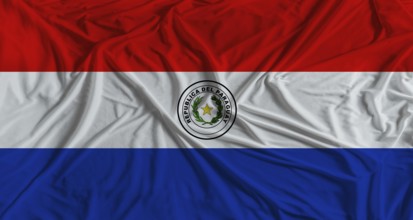 Paraguayan flag with fabric texture background. National flag of Paraguay with cloth texture
