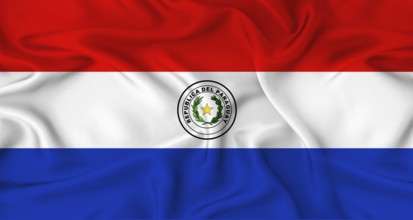 Realistic Paraguay flag waving. Close up of flag of Paraguay with cloth texture