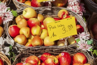 Fresh apples and fresh fruit with price tags in baskets in front of a greengrocer's shop, Bremen,