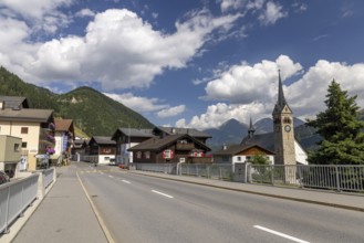 Oberalpstrasse, right church Sontg Vigeli, Sedrun, Graubünden, Switzerland