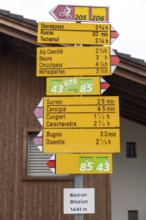 Signpost at the railway station, Staziun Sedrun, Surselva, Graubünden, Switzerland