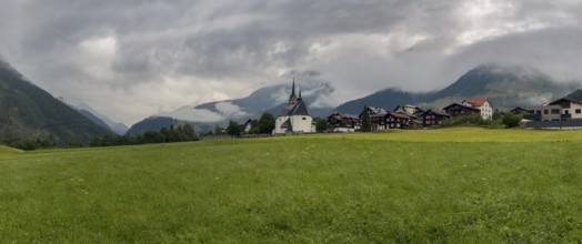 Village panorama Sedrun with view to the Oberalp Pass, Tujetsch, Surselva, Grisons, Switzerland