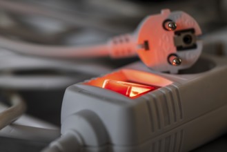 Close-up of a white power plug, Schuko plug, on a multiple socket with red indicator light,