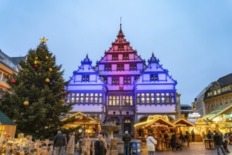 Christmas market at the colourfully illuminated Paderborn Town Hall at duskin Paderborn, North