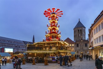 Christmas pyramid at the Paderborn Christmas market at dusk, Paderborn, North Rhine-Westphalia,