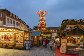 Christmas pyramid at the Paderborn Christmas market at dusk, Paderborn, North Rhine-Westphalia,