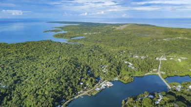 Aerial view of northern part of Yap Island with small Yap Airport with runway in the centre,